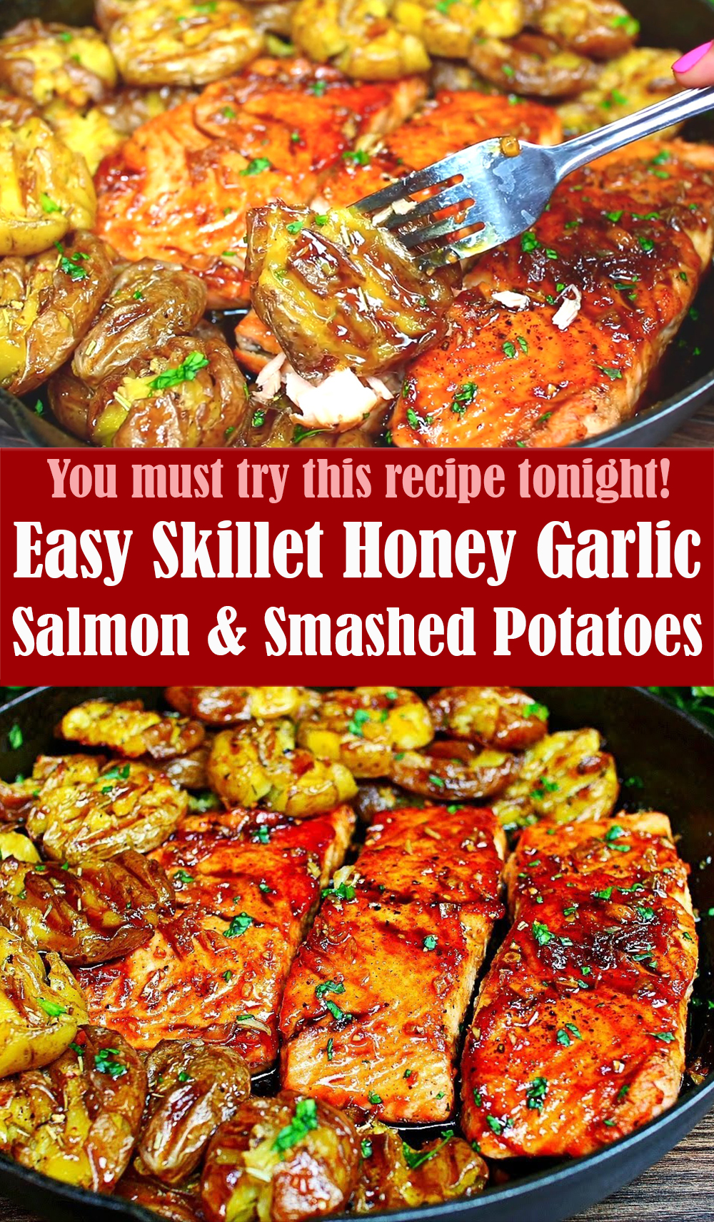 Easy Skillet Honey Garlic Salmon and Smashed Potatoes