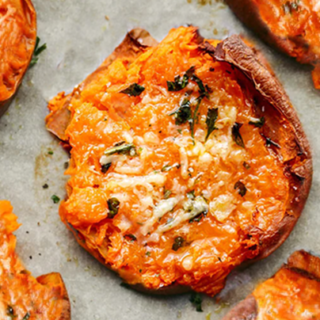 EASY Garlic Butter Smashed Sweet Potatoes with Parmesan